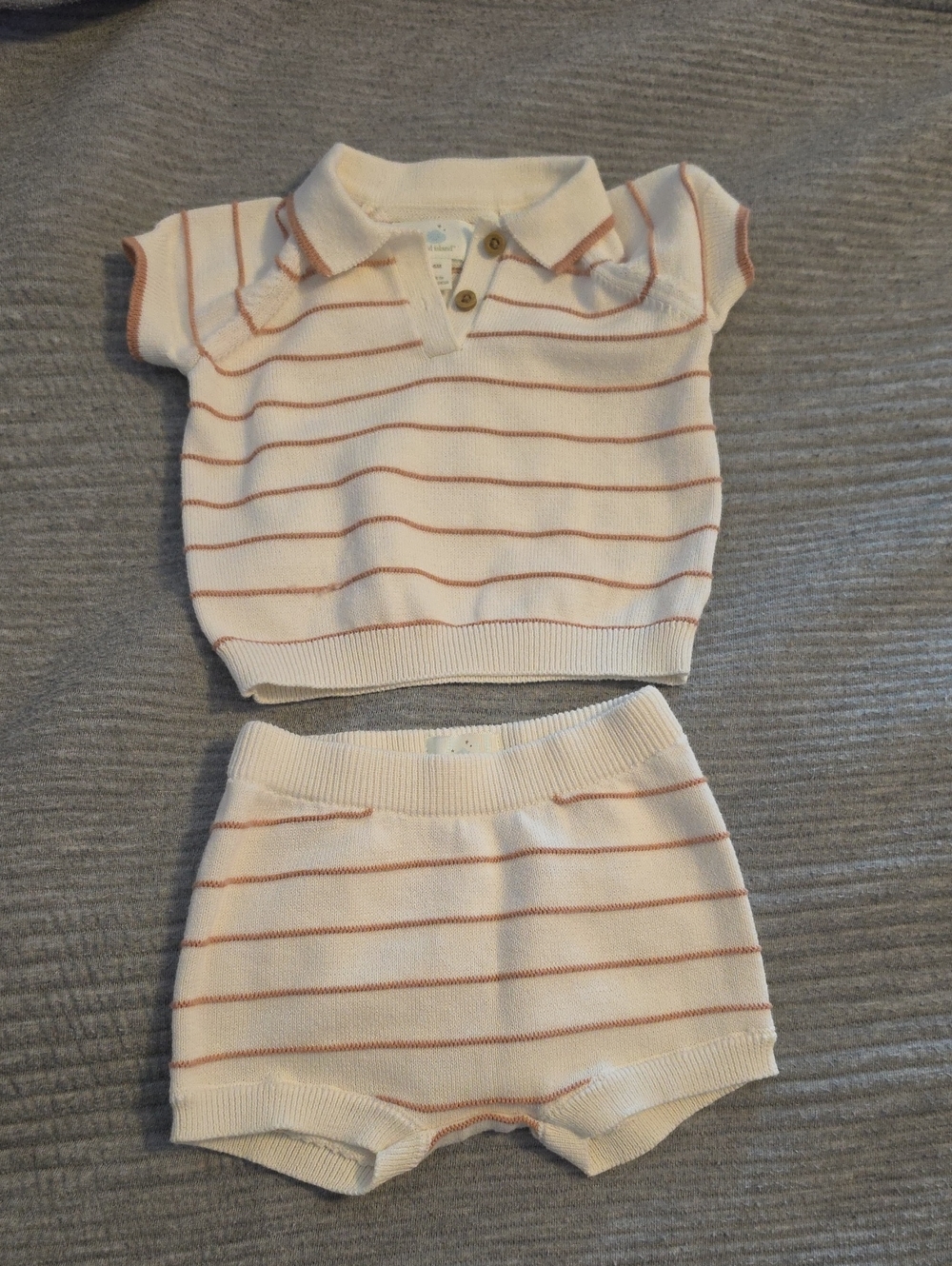 cloud island Cream Knit Polo Top & Striped Shorts 3-6 Months